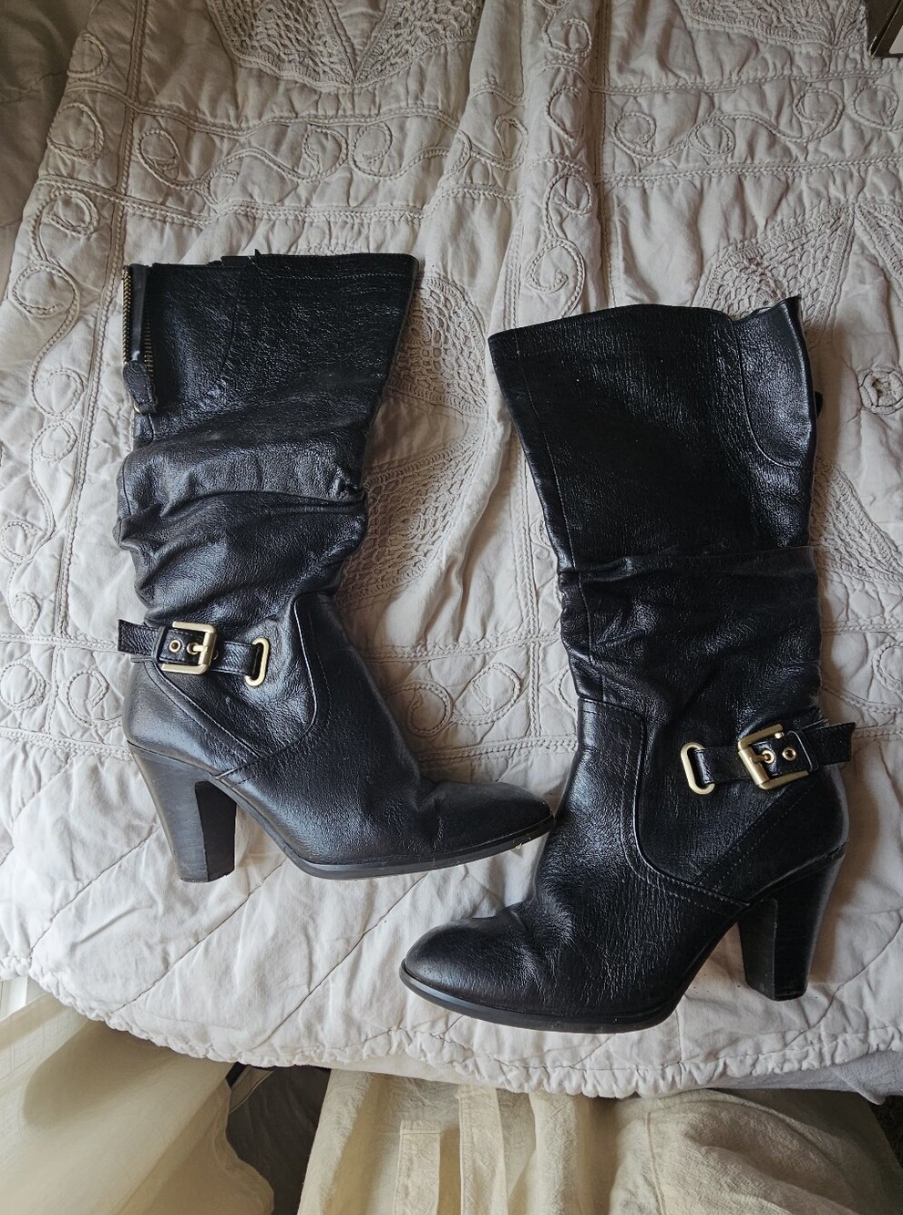 Guess Black Genuine Leather Mid-Calf Heeled Boots with Buckle
